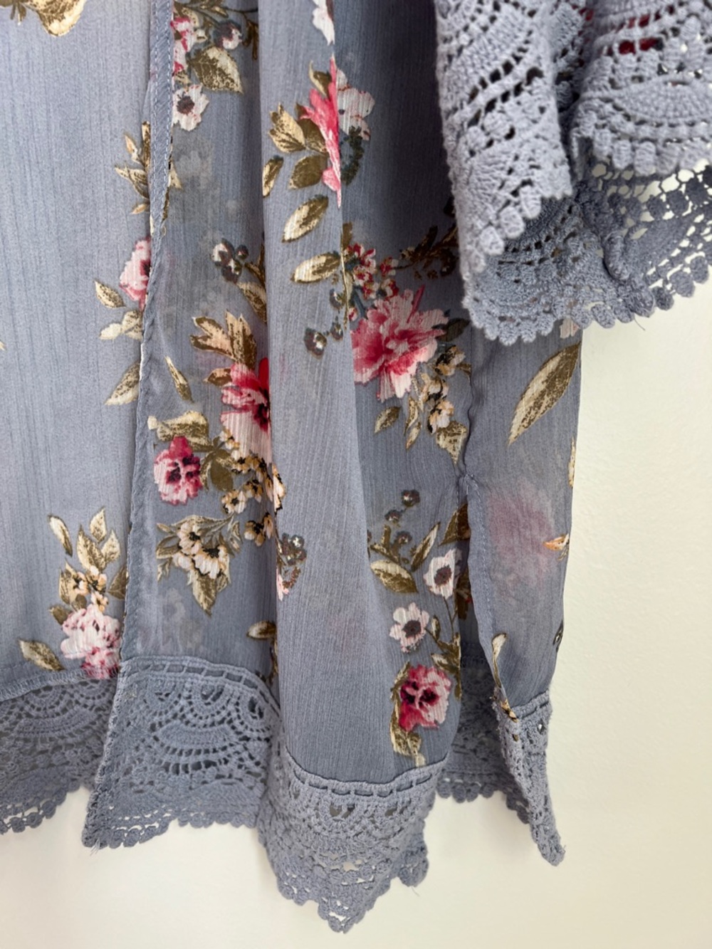Sheer Floral Kimono Coverup Cardigan Dusty Blue Pink Roses #JFW49245GG Size S - Picture 6 of 17